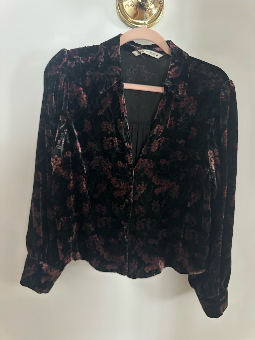 Zara Velvet Floral Charlotte Puff Sleeve Button-Down Blouse Size XL